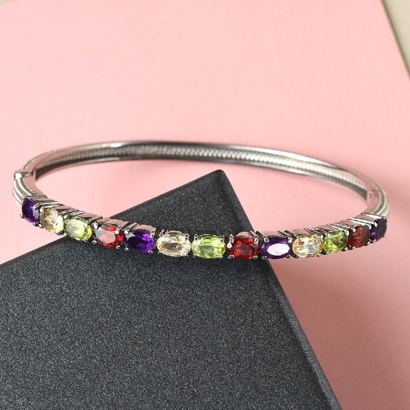 Multi Gemstone Bangle Bracelet in Stainless Steel - Picture 2 of 6